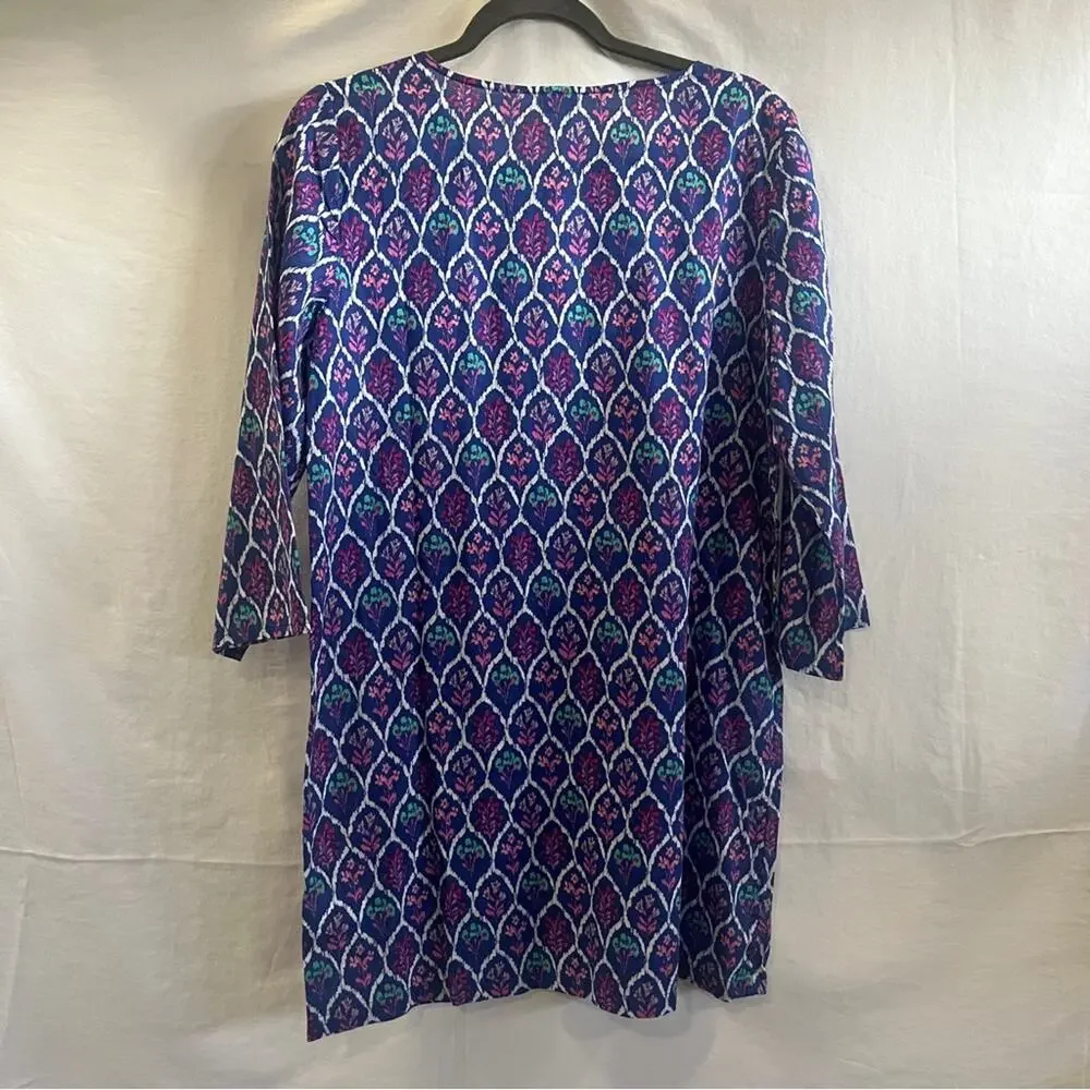 J Crew Floral Multicolor Dress Womens Size Small Tassel Neck 3/4 Sleeve Beachy